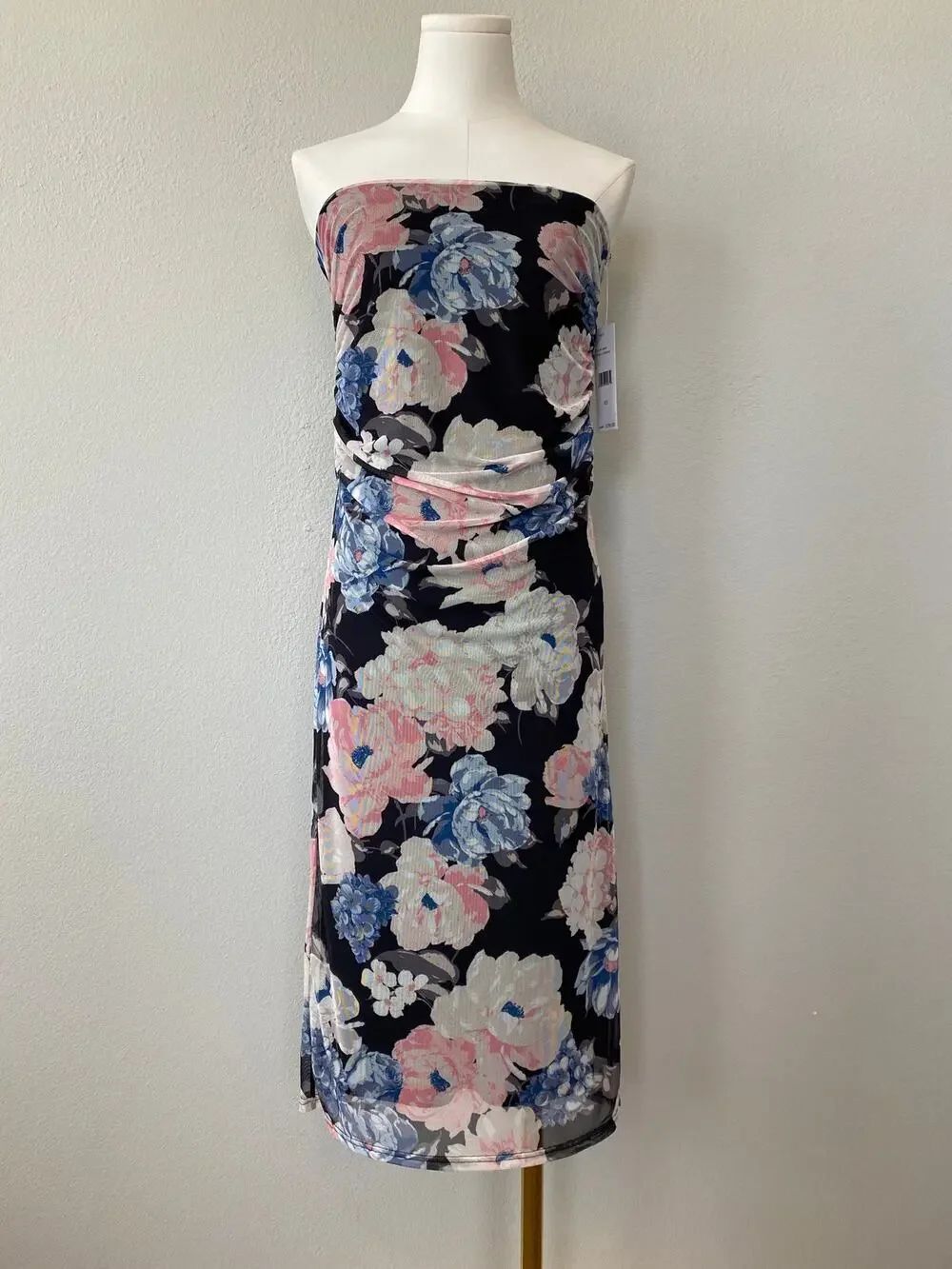 NWT Laundry by Shelli Segal XS Floral Mesh Strapless Ruched Slit Midi Dress